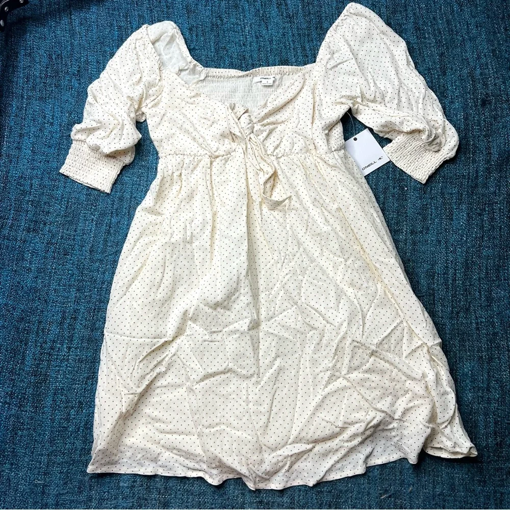 O'Neill Tie Front Puff Sleeve Polka Dot Mini Dress in Cream Brown Size Small NWT